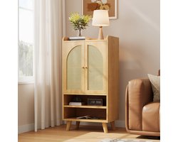 Wishdor Dressoir - 2 Rotan Deuren - 2 Open Vakken - Boho/Scandi Stijl - Spaanplaat - Naturel - 60 X 40 X 121 Cm