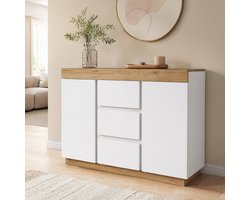 Wishdor - Dressoir - 3 lades en 2 deuren - gesloten opbergkast - klassieke stijl - slaapkamer en woonkamer - houtlook - wit en eiken - 120,5 x 40,2 x 82,5 cm