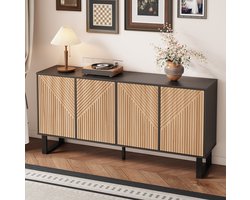 Wishdor - Dressoir - 3D-strepenfront - ruime opbergkast met deuren en open vakken - modern minimalistisch - woonkamer of hal - houtlook en metaal - zwart/naturel - 160 cm