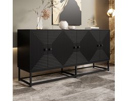 Wishdor - Dressoir - Mat zwart - 3 dubbele deuren - Industrieel - Voor woonkamer, eetkamer of kantoor - Houtlook met relistructuur - 160 x 38 x 75,5 cm