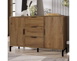 Wishdor - Dressoir Met 2 Deuren En 3 Lades - Industriële Stijl - Voor Woonruimte - Spaanplaat En Metaal - Donkere Eik - 120 X 40 X 76 Cm