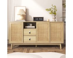 Wishdor - Dressoir met 3 schuifdeuren en 2 lades - echt rotan - moderne houtlook - voor woonkamer en hal - 155 x 38 x 80 cm