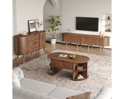 Wishdor - Dressoir - Set van 3 met schuifdeuren en opbergruimte - Mid-Century stijl - woonkamer en eetkamer - houtlook - walnootkleur - 175 cm