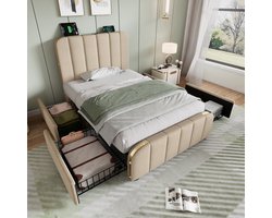 Wishdor Eenpersoonsbed 90x200 cm - 4 laden, USB & USB-C - Inclusief 7-zones matras - Linnen - Beige - Gouden glamour suite voor een luxe nachtrust