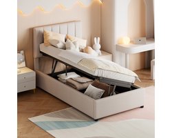 Wishdor Eenpersoonsbed met Hydraulische Opbergruimte - Verstelbaar Hoofdbord - Beige Linnen - 90x200 cm