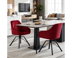 Wishdor Eetkamerstoelen - Draaibare Brede Zitting - Met Armleuningen En Rugleuning - Fluweel En Metaal - Wijnrood - Set Van 2