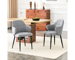 Wishdor Eetkamerstoelen Set Van 2 - Grijze Stoffen Bekleding - Omsluitende Rugleuning - Zwarte Metalen Kruispoten - 83 Cm Hoog