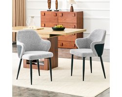 Wishdor Eetkamerstoelen Set Van 2 - Grijze Stoffen Zitting - Zwarte Metalen Kruispoten - Gebogen Rugleuning - Ruimtebesparend