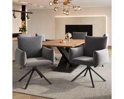 Wishdor Eetkamerstoelen Set Van 4 - 360 Graden Draaibaar - Fluwelen Bekleding - Met Armleuningen - Grijs - Metalen Poten