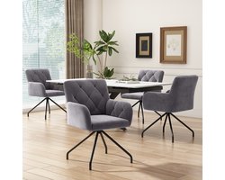 Wishdor Eetkamerstoelen Set Van 4 - Gestoffeerd Met Armleuningen - Moderne Lounge-Stijl - Donkergrijs Fluweel - Met Metalen Poten
