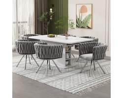 Wishdor Eetkamerstoelenset - 360 Graden Draaibaar - Fluwelen Bekleding - Ergonomische Rugleuning - Stalen Vierpoot - Grijs En Zilver