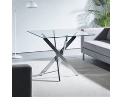 Wishdor - Eettafel - Glazen Tafelblad En Metalen Kruispoten - Stabiele Constructie En Onderhoudsvriendelijk - Modern Ontwerp - Voor Eethooek - Glas En Metaal - Zilver - Eenvoudig Te Monteren