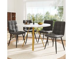 Wishdor Eettafelset - 5-delig - Ronde eettafel met 4 stoelen - Modern design - Eetkamer keuken appartement studio - MDF met metaal en velvet - Wit goud grijs - 80 x 80 x 75 cm
