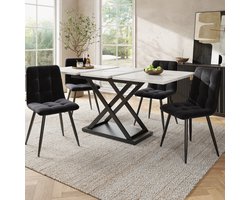 Wishdor Eettafelset - Uittrekbare eettafel voor 4 personen - 4 eetkamerstoelen - Modern - Woonkamer eetkamer keuken - MDF metaal fluweel - Wit zwart - 160 x 80 x 75 cm