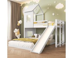 Wishdor Familiebed met Glijbaan (90x200 / 140x200 cm) - Huisbed / Boomhut Stapelbed met Raam - Montessori Vloerbed - Massief Hout - Wit