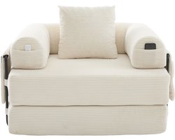 Wishdor - Fauteuil - Ergonomisch Met Zijvak En Kussen - Modern - Voor Woonkamer - Ribstof - Beige - 112 X 95 X 67 Cm