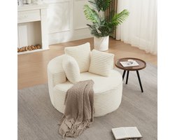 Wishdor - Fauteuil - Rond 110 cm - met 3 kussens en brede armleuningen - minimalistisch - voor woonkamer of slaapkamer - cordstof - beige