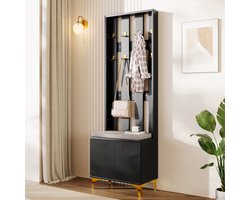 Wishdor Garderobekast Met Schoenenbank - Golddetails - Push-To-Open Deuren - Verstelbare Planken - Zwart En Goud - 60,5 X 180,5 X 35,2 Cm