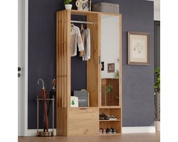 Wishdor - Garderobekast Met Spiegel En Open Kledingrek - Minimalistisch - Voor Hal Of Onder Trap - Spaanplaat - Naturel - 100 X 33 X 190 Cm