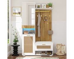 Wishdor - Garderobeset - Met Spiegel En LED-Verlichting - Modern - Voor Hal - MDF En Spaanplaat - Wit En Houtkleur - 110 X 38 X 190 Cm