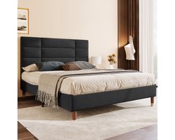 Wishdor Gestoffeerd Bed 140x200 cm – Hoofdbord 8 cm Dik – Zwart Linnen – Messing Poten – Strak & Modern