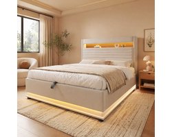Wishdor Gestoffeerd bed 140x200 cm - Hydraulische opbergruimte - ledverlichting - usb-c laadfunctie - beige - stof - 218x142x113 cm