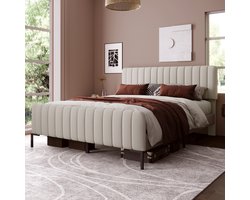 Wishdor Gestoffeerd Bed 180x200 cm – Verstelbaar Hoofdbord – 100% Grenenhouten Latten – Linnen en Massief Hout – Grijs-Beige