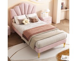 Wishdor Gestoffeerd Bed 90x200 cm – Schelpvormig Hoofdbord – Verstelbaar – Roze Fluweel & Gouden Poten – Luxe & Speels