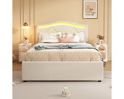 Wishdor – Gestoffeerd bed met LED en 2 laden – 90 x 200 cm – Verstelbaar hoofdbord – Linnen – Beige – Inclusief lattenbodem – Minimalistisch
