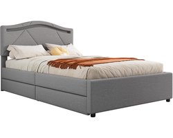 Wishdor – Gestoffeerd bed met ledverlichting en 2 laden – 90 x 200 cm – Verstelbaar hoofdbord – Linnen en MDF – Grijs – Minimalistisch – Inclusief lattenbodem