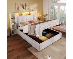 Wishdor – Gestoffeerd bed met opbergruimte en ledverlichting – 90 x 200 cm – Linnen en MDF – Beige – Modern – Hydraulisch hefsysteem – USB en USB-C