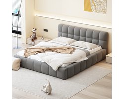 Wishdor – Gestoffeerd bed – Verzonken matrasligging – Hoofdbord met schuim – Linnen/katoen grijs – 140x190 cm