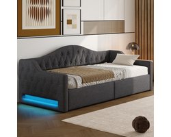 Wishdor - Gestoffeerd Bedbank - Met Ledverlichting En Opbergruimte - Linnen Bekleding - Grijs - 90 X 200 Cm