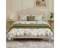 Wishdor Gestoffeerd Bedframe – 160 x 200 cm – Geometrisch Hoofdbord met Nagelbeslag – Stof en Metaal Beige – Lattenbodem met Vochtbescherming – Zachte Hollandse Wol – Stijlvol voor Moderne Slaapkamer – Eenvoudige Montage