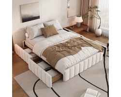 Wishdor Gestoffeerd Bedframe - Platformbed Zonder Hoofdbord - 4 Lades - Velvet Fluweel - Beige - 140 x 200 cm