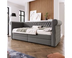 Wishdor Gestoffeerd Daybed 90x200 cm – Vintage Hoofdbord – 2 Opberglades – Linnen – Grijs