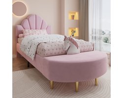 Wishdor Gestoffeerd Eenpersoonsbed 90x200 cm - Met Bijpassende Bedbank - Stootrand van Schuim - Fluweel - Roze