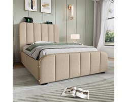 Wishdor Gestoffeerd Eenpersoonsbed 90x200 cm - Opbergbed met 4 Lades en USB/Type-C Aansluiting - Beige Linnen met Gouden Accenten - Inclusief Lattenbodem