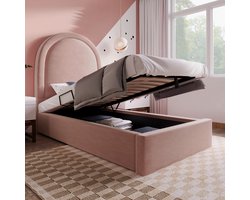 Wishdor Gestoffeerd Kinderbed – 90 x 200 cm – Hydraulische Opbergruimte – Fluwelen Bekleding Roze – Halfronde Boogvorm – Stabiel tot 150 kg – Sprookjesachtig Design voor Kinderkamer of Prinsessenkamer