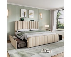 Wishdor Gestoffeerd Tweepersoonsbed 140x200 cm - Opbergbed met 4 lades - USB en Type-C laadstation - Beige linnen met gouden accenten - Inclusief lattenbodem - L 215 x B 148 x H 102 cm