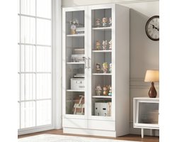 Wishdor - Glazen opbergkast - 2 lades en dubbele deuren - moderne hoge archiefkast voor woonkamer of kantoor - houtlook en glas - wit - 80 x 40 x 160 cm