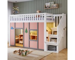 Wishdor Halfhoogbed 90x200 cm - Stauraamtreppe met opbergruimte - LED-verlichting - Speelzone - Kinderkamer - hout en bewerkt hout - Wit/roze