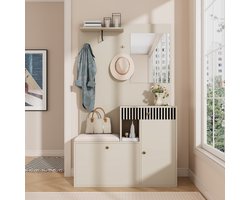 Wishdor - Halgarderobe - Met Spiegel En Zitting - Modern - MDF - Beige En Crème - 110 x 185,5 x 37 cm