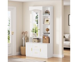 Wishdor Halkast met Spiegel en Schoenenkast - 90x40x180 cm - Wit MDF - 4 Open Vakken, 2 Laden en 2 Kasten - Softclose - Gouden Handgrepen