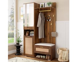 Wishdor Halmeubel - Garderobeset met spiegel en led - 6 gouden haken en schoenenkast - Design - Hal entree gang - Walnoot wit - 110 x 38 x 190 cm