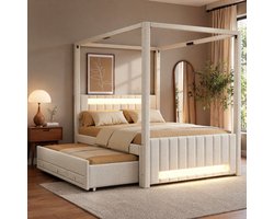 Wishdor Hemelbed 140x200 cm met uitschuifbed, 3 lades en ledverlichting, tweepersoons bed in beige met stoffen bekleding en lattenbodem