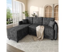 Wishdor - Hoekbank - 3-zits met L-vormige loungehoek en 2 kussens - tijdloos - voor woonkamer en studio - chenille en massief houten frame - zwart - 187,5 x 144 x 85,5 cm