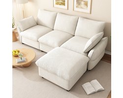 Wishdor - Hoekbank - L-vormig met losse hocker en 2 kussens - modern minimalistisch - voor woonkamer of appartement - chenille - beige - 222,5 x 154,5 x 76,5 cm