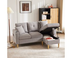 Wishdor - Hoekbank - Met Chaise Longue En Opbergruimte - Modern - Voor Woonkamer - Katoen-Linnen - Lichtgrijs - 175 X 129 X 90 Cm
