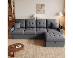 Wishdor Hoekbank met opberghocker en USB Type-C - Dubbele armleuningopberging met LED-verlichting - Modulaire 4-zits bank voor woonkamer - Linnen - Antiekgrijs - 253 x 144,5 x 80,7 cm